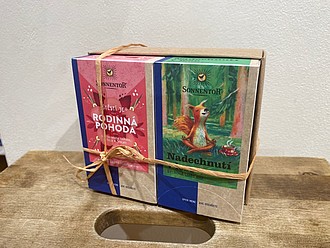 BEMESTAR Dárková sada - balení dvou čajů značky Sonnentor. Štěstí je rodinná pohoda a Nadechnutí v lese - reklamní předměty