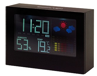 Budík s meteostanicí a LCD displejem, plast, černá - hodiny s vlastním potiskem
