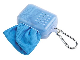 Chladicí ručník v transparentním obalu s karabinou, modrý - reklamní předměty