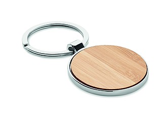 Kulatý přívěšek na klíče, kombinace kovu a bambusu - klíčenky s potiskem