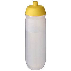 Láhev na pití 750ml, tělo je matně čiré z pružného plastu, víčko je žluté