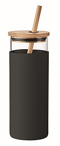Sklenice se silikonovým rukávem a bambusovým víčkem a brčkem, 450ml, černá - sklenice s vlastním potiskem